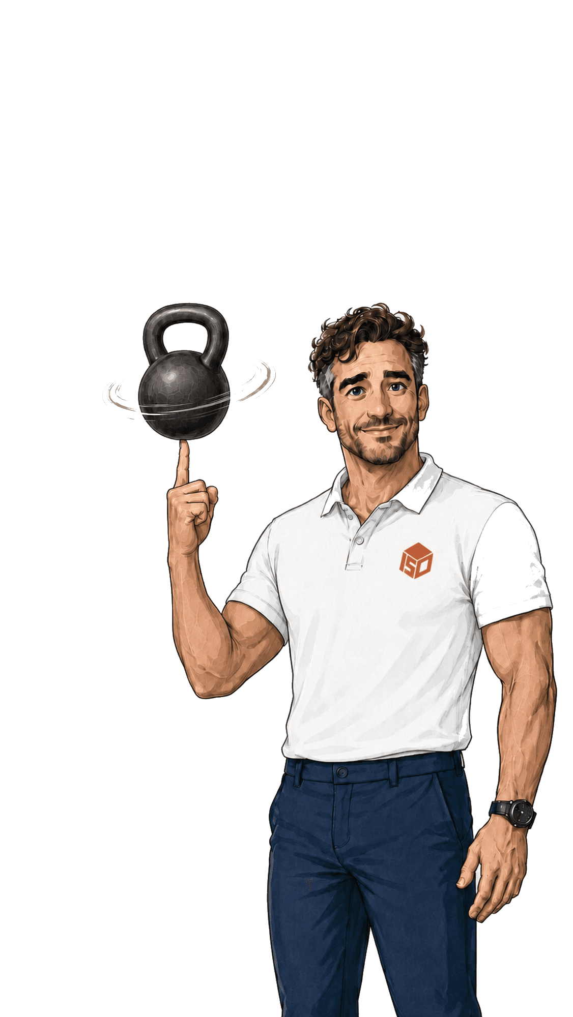 Illustration of Isofit's coach in an ISO polo shirt, balancing a spinning kettlebell on one finger.