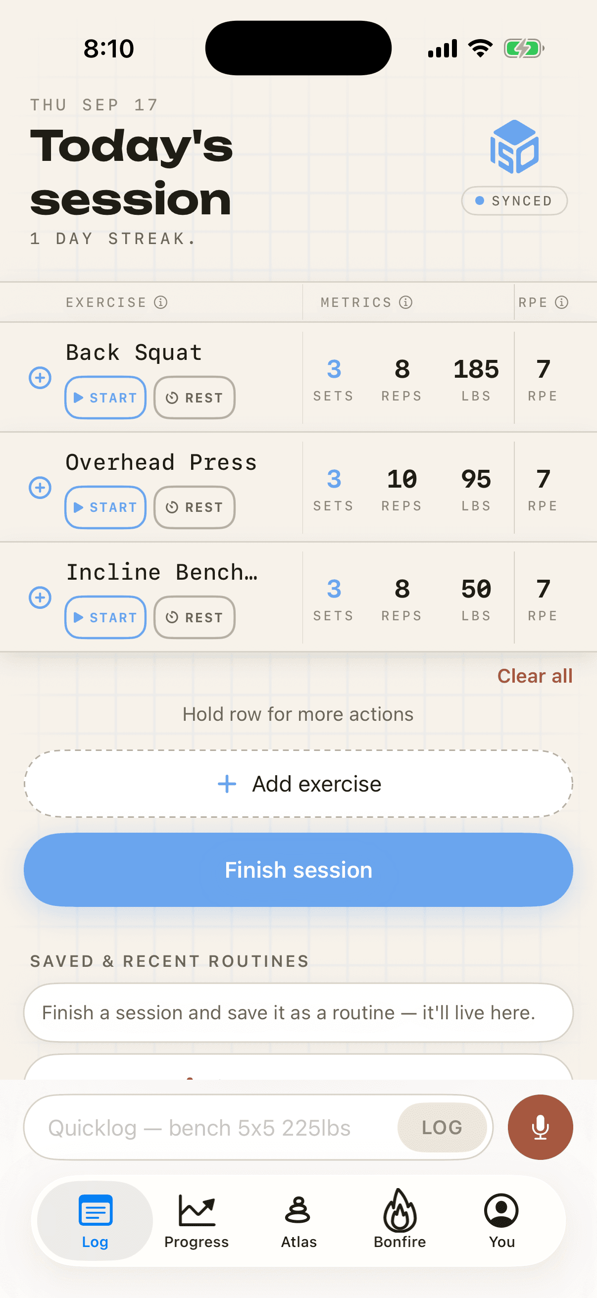 Isofit's Log tab showing today's session with back squat, overhead press and incline bench rows, each with sets, reps, pounds and RPE, start and rest timers, a Finish session button, and a Quicklog text bar beside a microphone button.