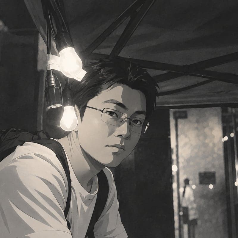 Illustrated black-and-white portrait of An Hu, founder of Isofit, under a string of bare bulbs.