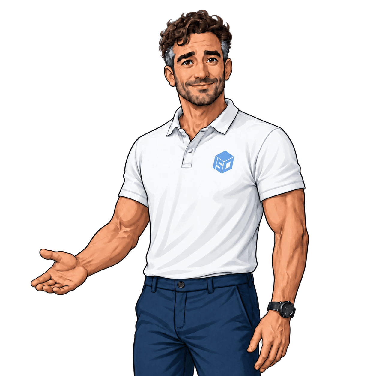 Illustration of Atlas, Isofit's AI coach, drawn as a coach in a white polo with the blue ISO cube mark, one hand open in welcome.